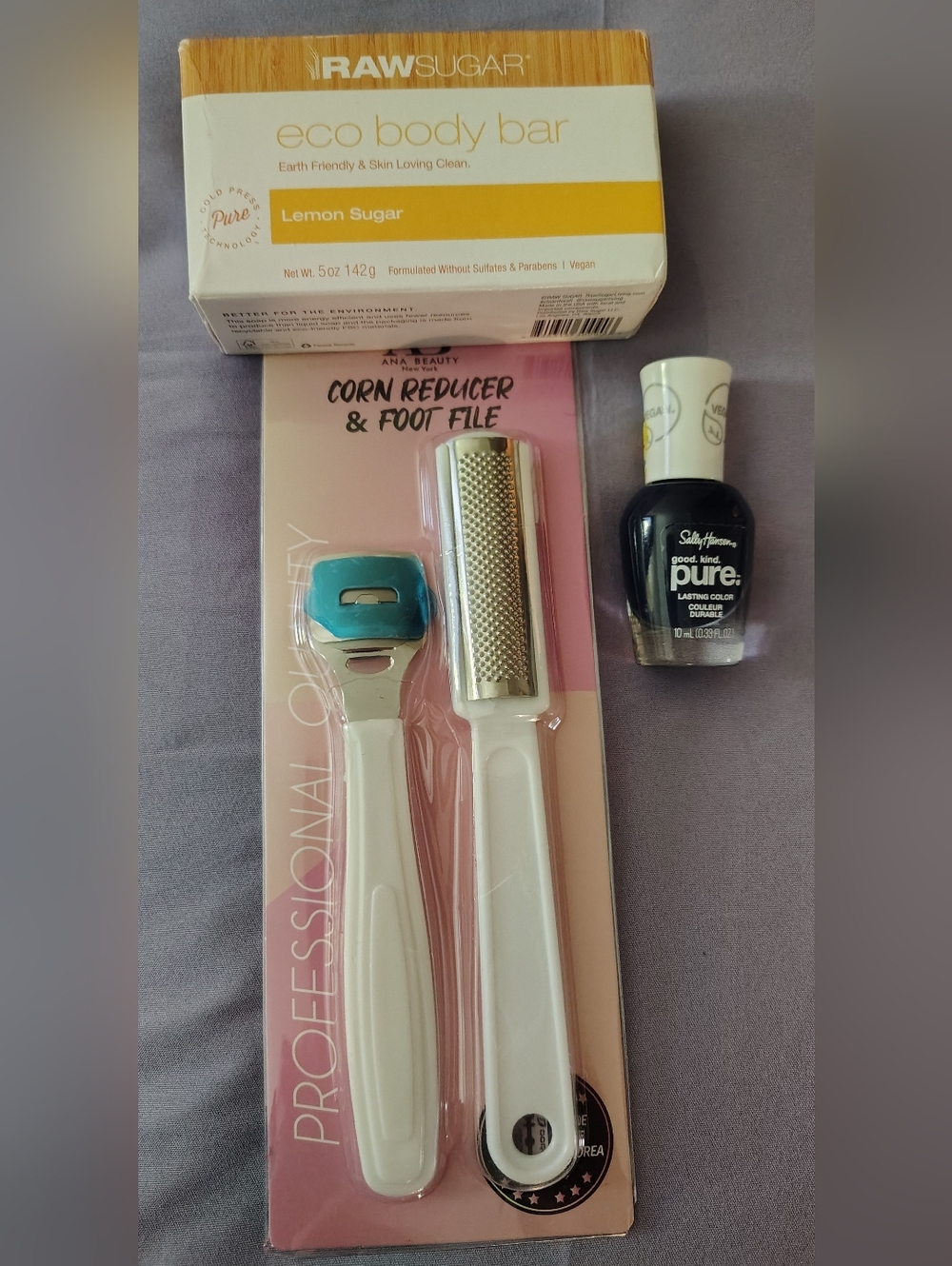 Sugar RawSugar Lemon Bar, Corn Reducer & Foot File, Blueberry Tart Nailpolish.